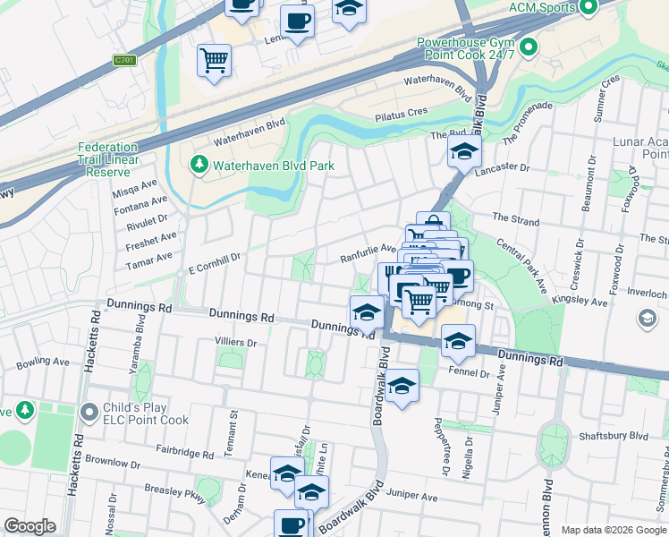 map of restaurants, bars, coffee shops, grocery stores, and more near 23 Ranfurlie Avenue in Point Cook