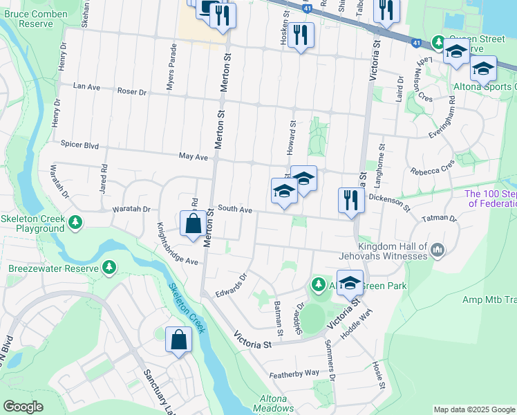 map of restaurants, bars, coffee shops, grocery stores, and more near 65 South Avenue in Altona Meadows