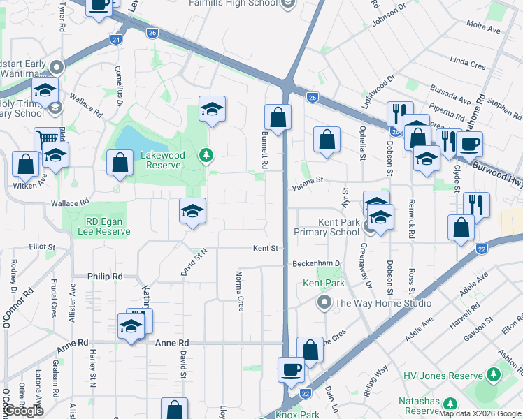 map of restaurants, bars, coffee shops, grocery stores, and more near 58 Bunnett Road in Knoxfield