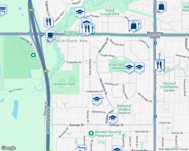 map of restaurants, bars, coffee shops, grocery stores, and more near 56 Mowbray Drive in Wantirna South