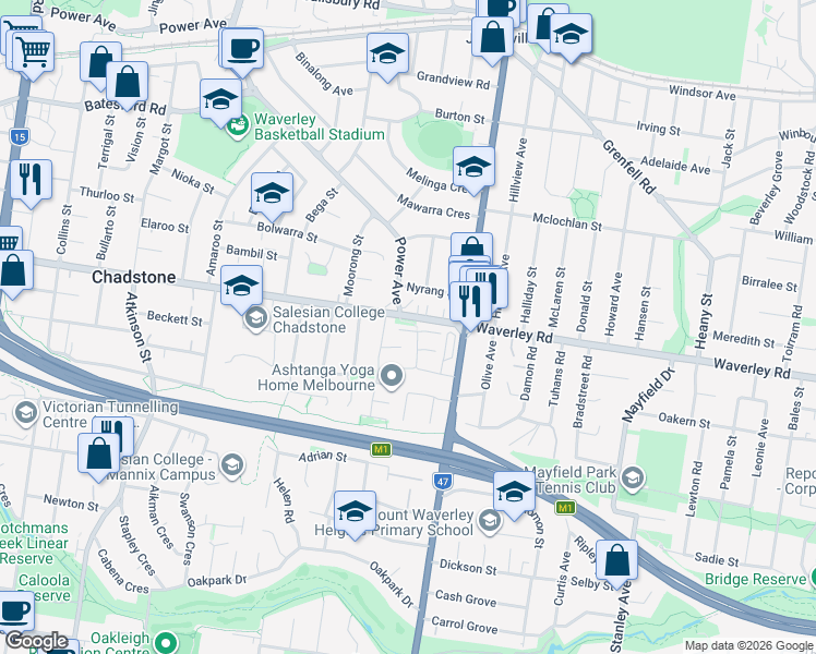 map of restaurants, bars, coffee shops, grocery stores, and more near 11 Elmtree Terrace in Chadstone