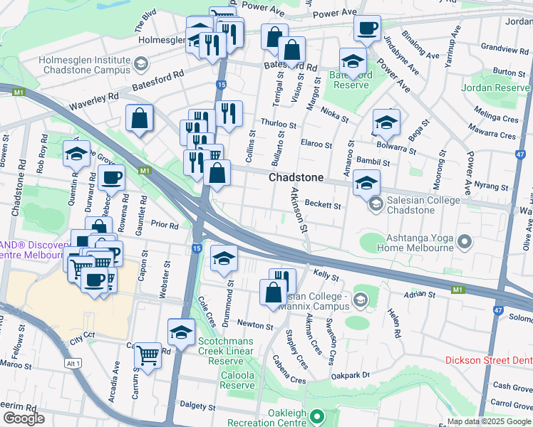 map of restaurants, bars, coffee shops, grocery stores, and more near 16 Westbrook Street in Chadstone