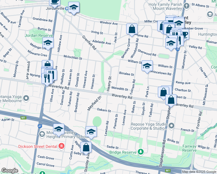 map of restaurants, bars, coffee shops, grocery stores, and more near Heany Street in Mount Waverley