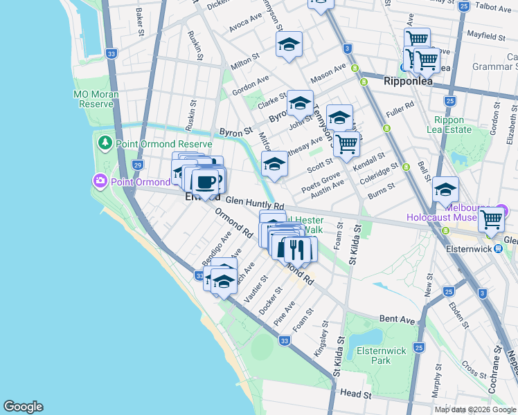 map of restaurants, bars, coffee shops, grocery stores, and more near 72 Glen Huntly Road in Elwood