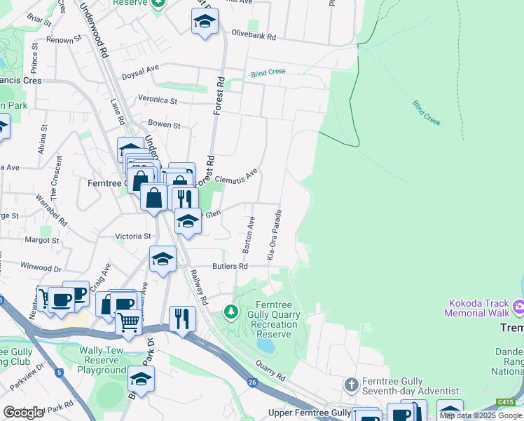 map of restaurants, bars, coffee shops, grocery stores, and more near 36 The Glen in Ferntree Gully