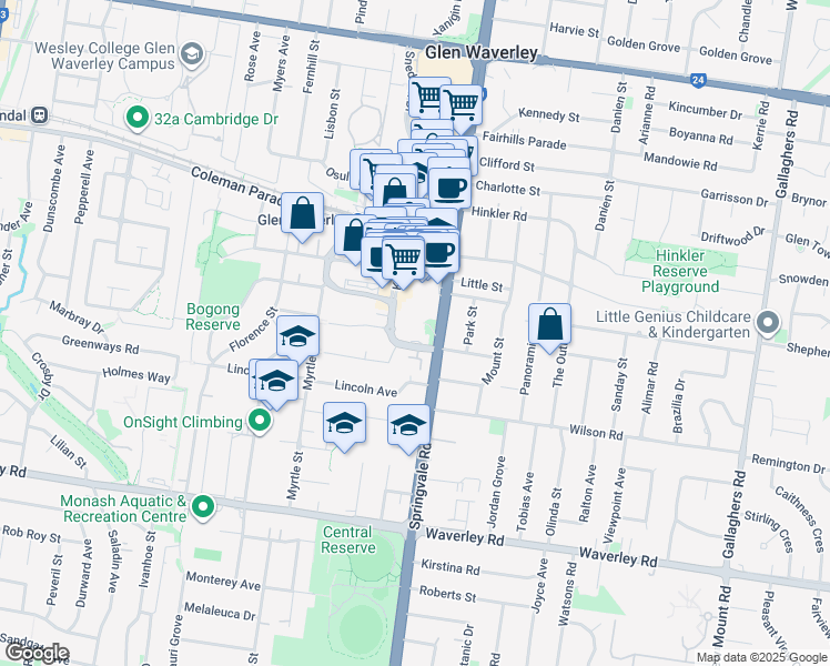 map of restaurants, bars, coffee shops, grocery stores, and more near 295 Springvale Road in Glen Waverley