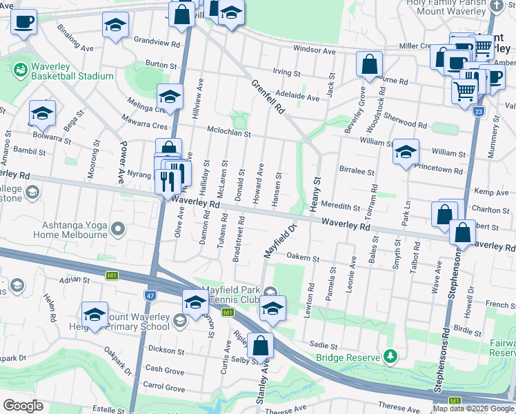 map of restaurants, bars, coffee shops, grocery stores, and more near 217 Waverley Road in Mount Waverley