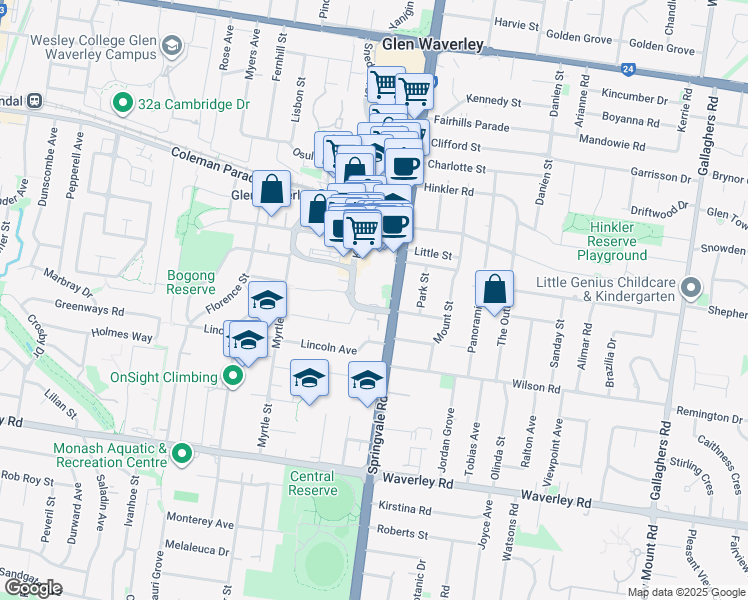 map of restaurants, bars, coffee shops, grocery stores, and more near 295 Springvale Road in Glen Waverley
