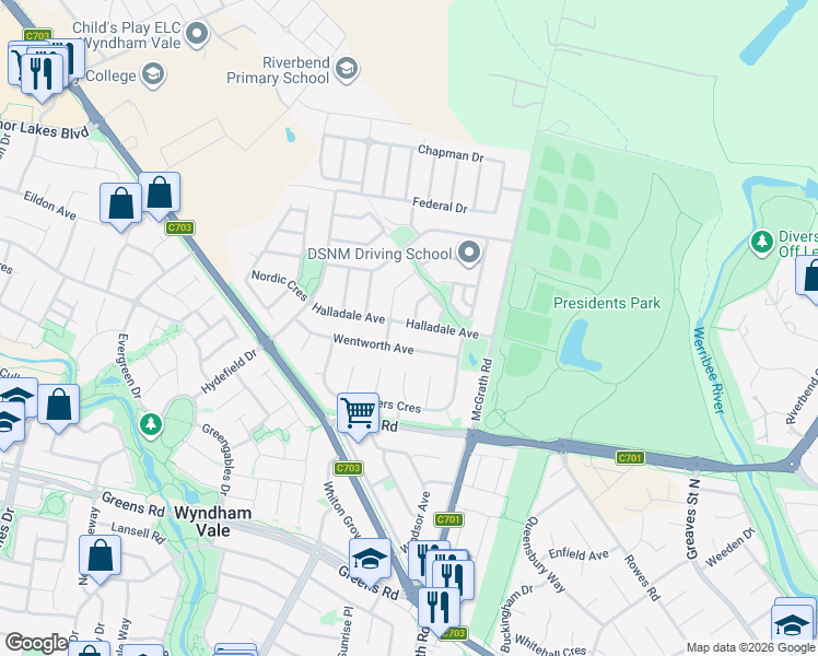 map of restaurants, bars, coffee shops, grocery stores, and more near 36 Halladale Avenue in Wyndham Vale