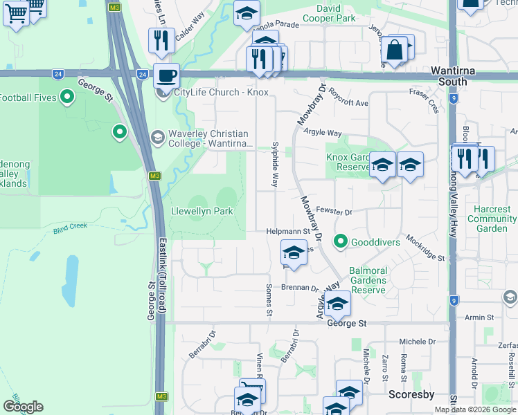 map of restaurants, bars, coffee shops, grocery stores, and more near 63 Fonteyn Drive in Wantirna South