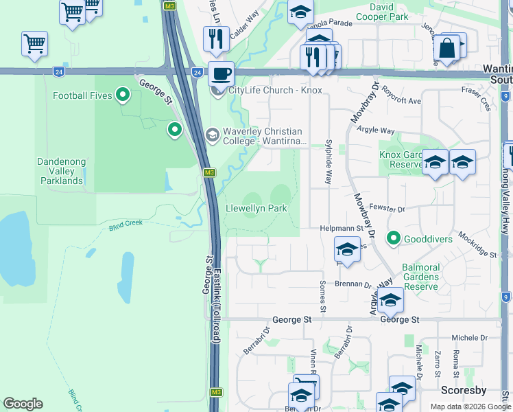 map of restaurants, bars, coffee shops, grocery stores, and more near Llewellyn Park Drive in Wantirna South