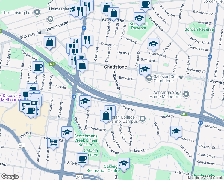 map of restaurants, bars, coffee shops, grocery stores, and more near 23 Timmings Street in Chadstone