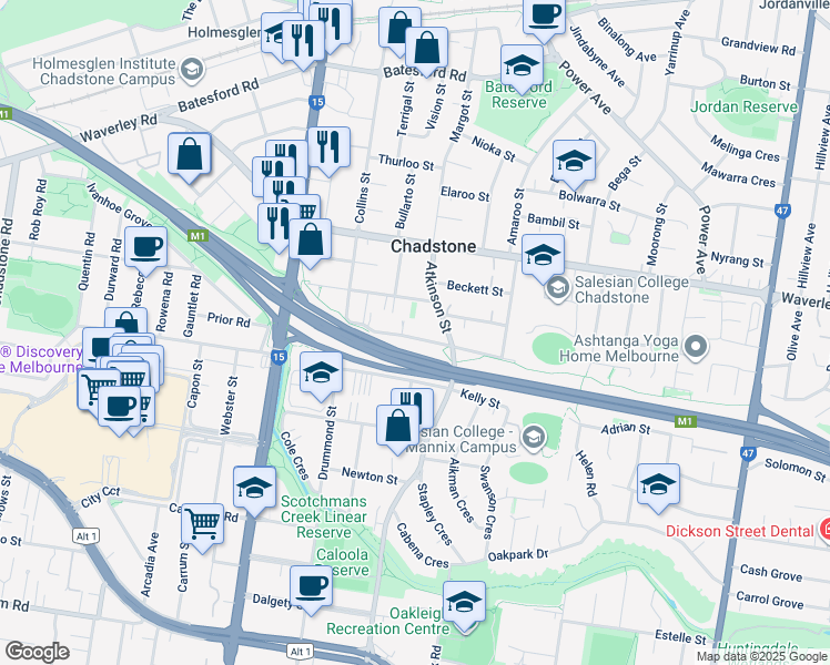 map of restaurants, bars, coffee shops, grocery stores, and more near 21 Timmings Street in Chadstone