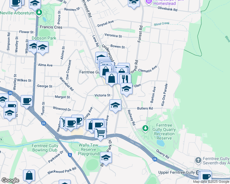 map of restaurants, bars, coffee shops, grocery stores, and more near 38 Station Street in Ferntree Gully