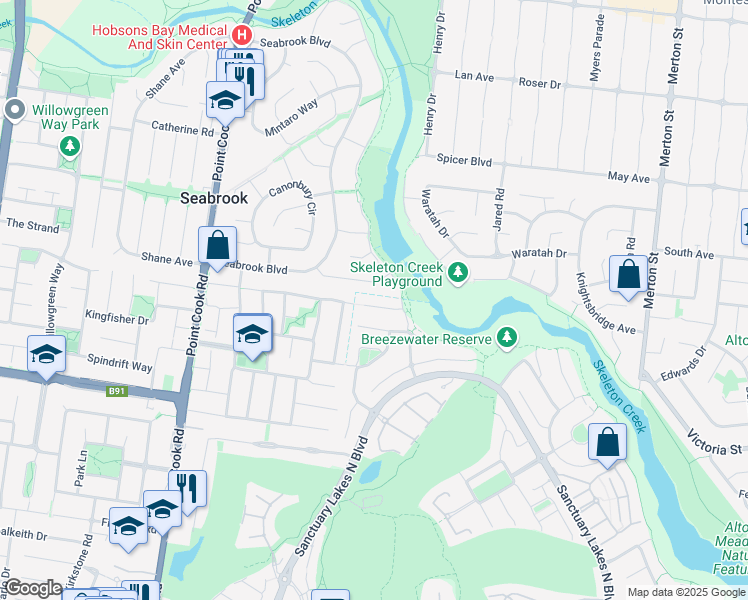 map of restaurants, bars, coffee shops, grocery stores, and more near 14 Crystal Court in Point Cook