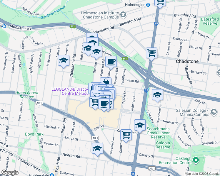 map of restaurants, bars, coffee shops, grocery stores, and more near 26 Midlothian Street in Malvern East