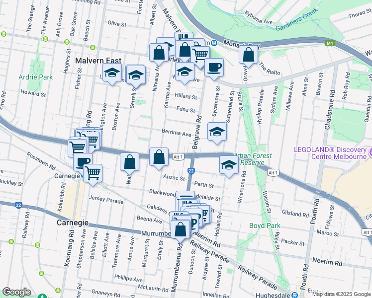 map of restaurants, bars, coffee shops, grocery stores, and more near 1207 Dandenong Road in Malvern East