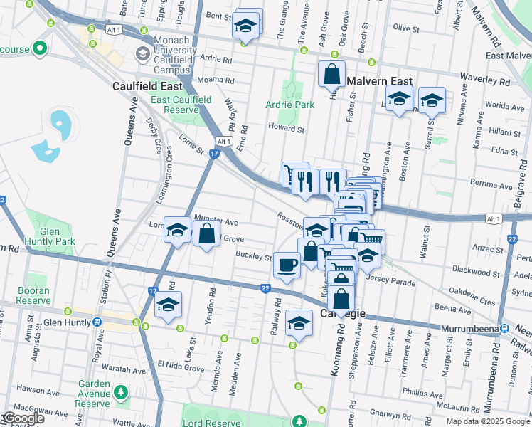 map of restaurants, bars, coffee shops, grocery stores, and more near 10 Rosstown Road in Carnegie