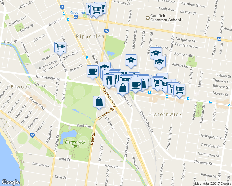 map of restaurants, bars, coffee shops, grocery stores, and more near 26 Ross Street in Elsternwick