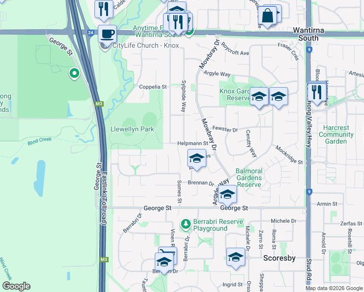 map of restaurants, bars, coffee shops, grocery stores, and more near 16 Helpmann Street in Wantirna South