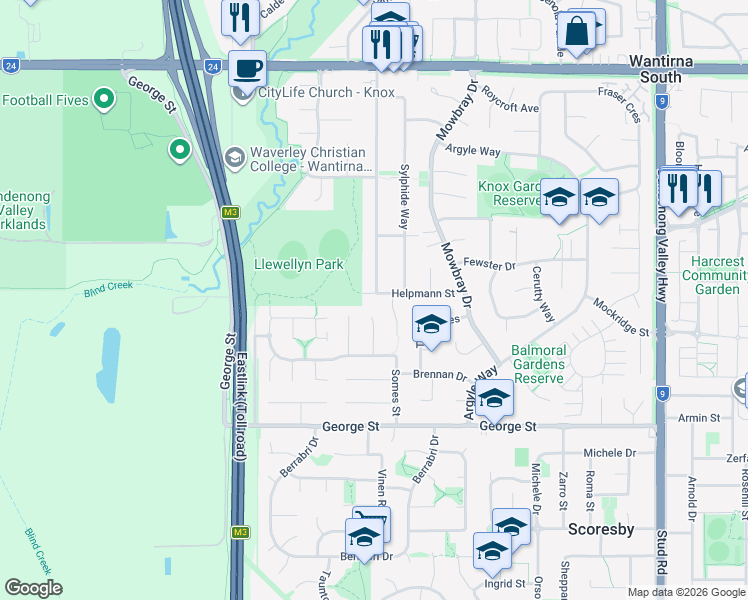 map of restaurants, bars, coffee shops, grocery stores, and more near 6 Helpmann Street in Wantirna South