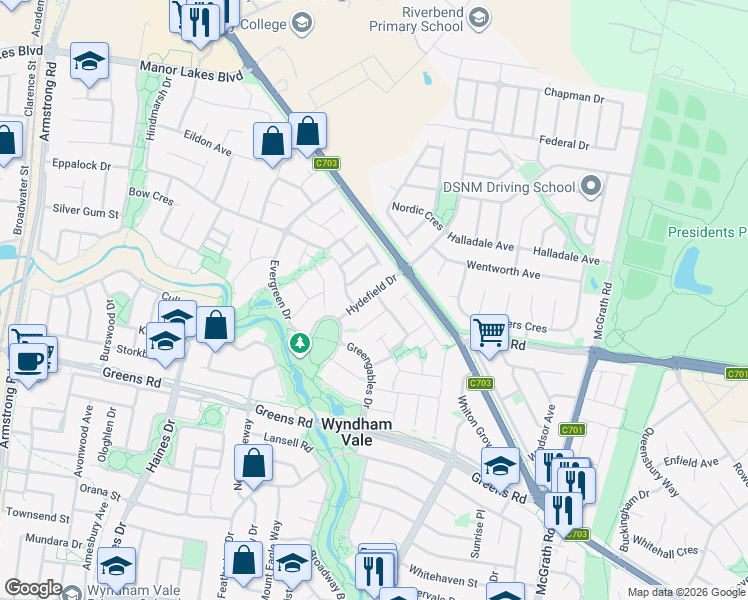 map of restaurants, bars, coffee shops, grocery stores, and more near 16 Hydefield Drive in Wyndham Vale