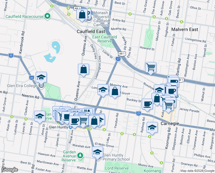 map of restaurants, bars, coffee shops, grocery stores, and more near 56 Grange Road in Carnegie