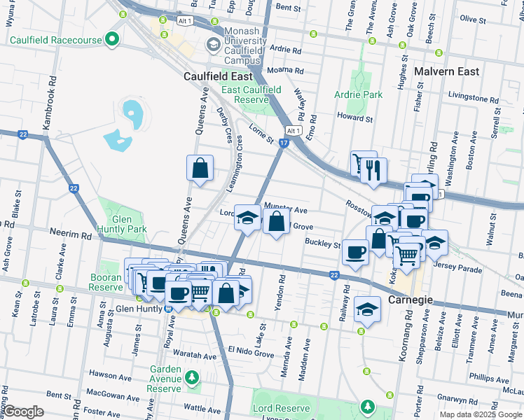 map of restaurants, bars, coffee shops, grocery stores, and more near 56 Grange Road in Carnegie