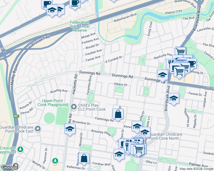 map of restaurants, bars, coffee shops, grocery stores, and more near 66 Villiers Drive in Point Cook