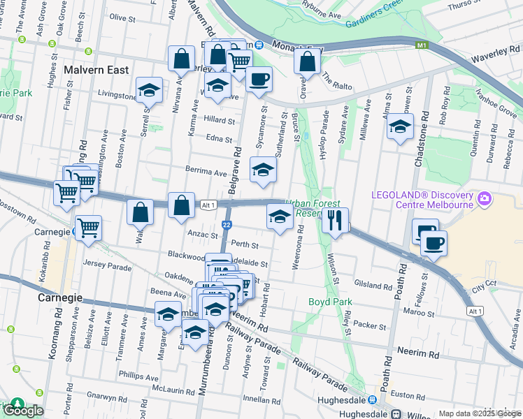 map of restaurants, bars, coffee shops, grocery stores, and more near 1216 Dandenong Road in Murrumbeena