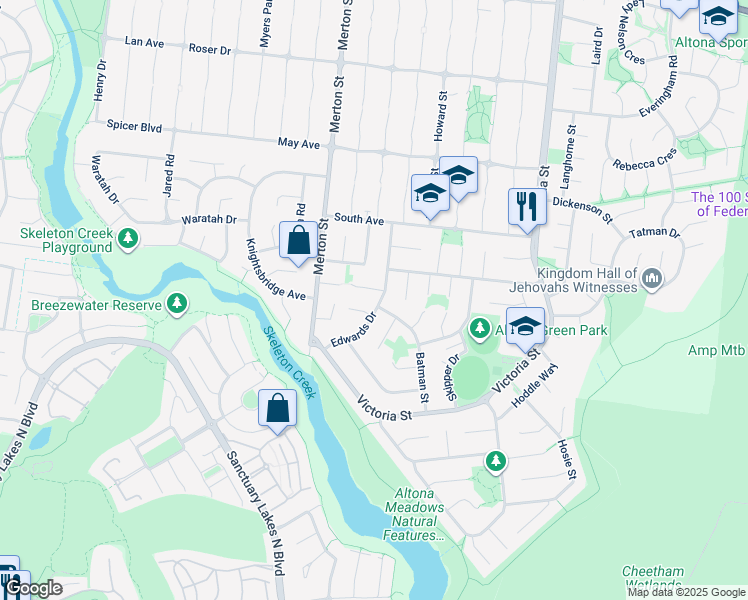 map of restaurants, bars, coffee shops, grocery stores, and more near 34 Edwards Drive in Altona Meadows