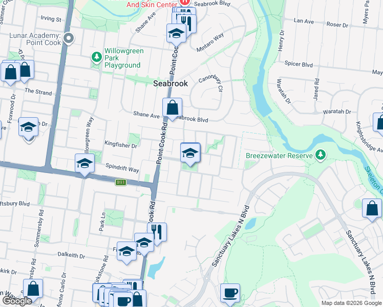 map of restaurants, bars, coffee shops, grocery stores, and more near 1 Truganina Avenue in Seabrook