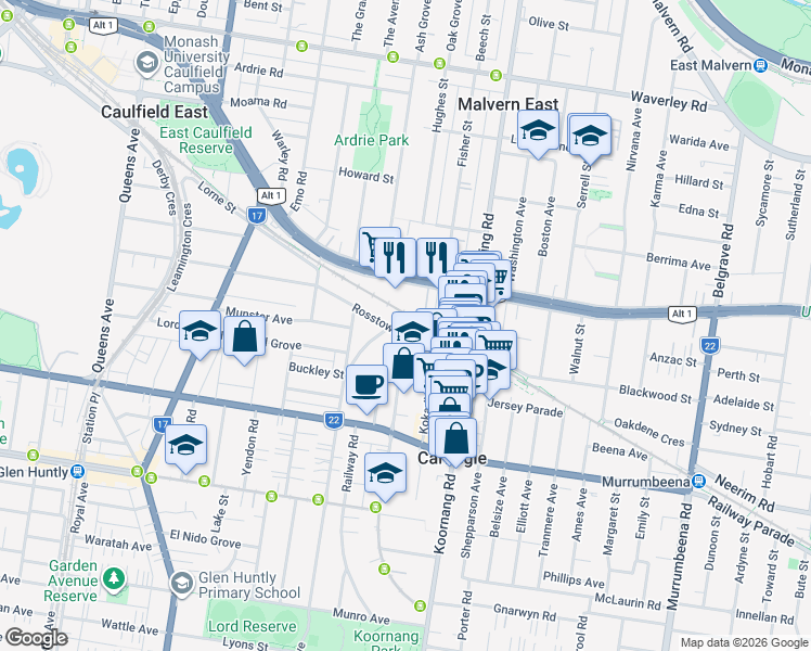 map of restaurants, bars, coffee shops, grocery stores, and more near 39 Rosstown Road in Carnegie