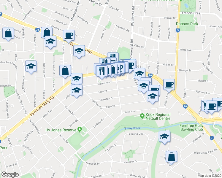 map of restaurants, bars, coffee shops, grocery stores, and more near 28 Conn Street in Ferntree Gully