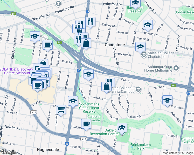 map of restaurants, bars, coffee shops, grocery stores, and more near 2 Kelly Street in Chadstone