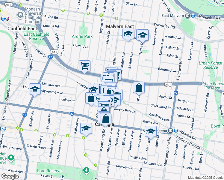 map of restaurants, bars, coffee shops, grocery stores, and more near 40 Koornang Road in Carnegie