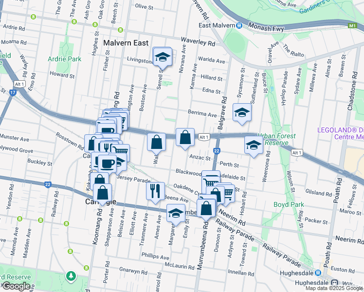 map of restaurants, bars, coffee shops, grocery stores, and more near 1150 Dandenong Road in Carnegie