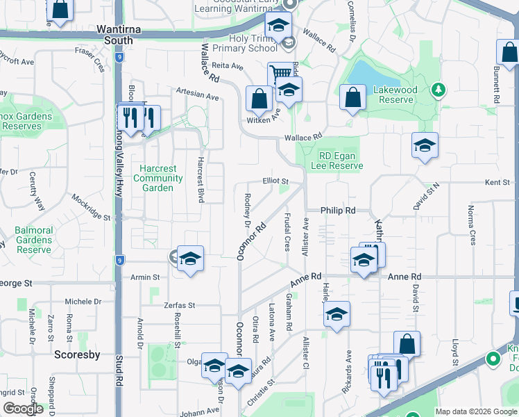 map of restaurants, bars, coffee shops, grocery stores, and more near 8 Narong Crescent in Knoxfield