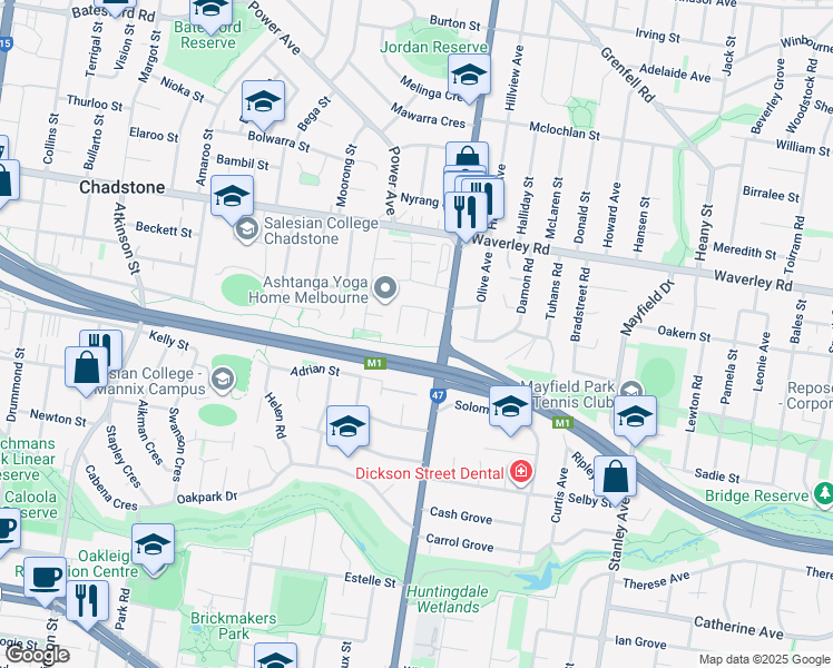 map of restaurants, bars, coffee shops, grocery stores, and more near 7 Ashby Court in Chadstone