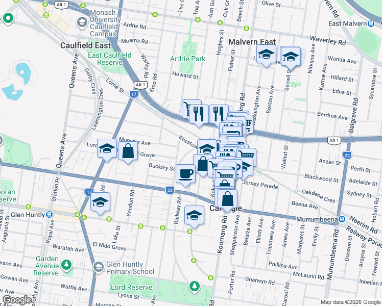 map of restaurants, bars, coffee shops, grocery stores, and more near 122 Mimosa Road in Carnegie