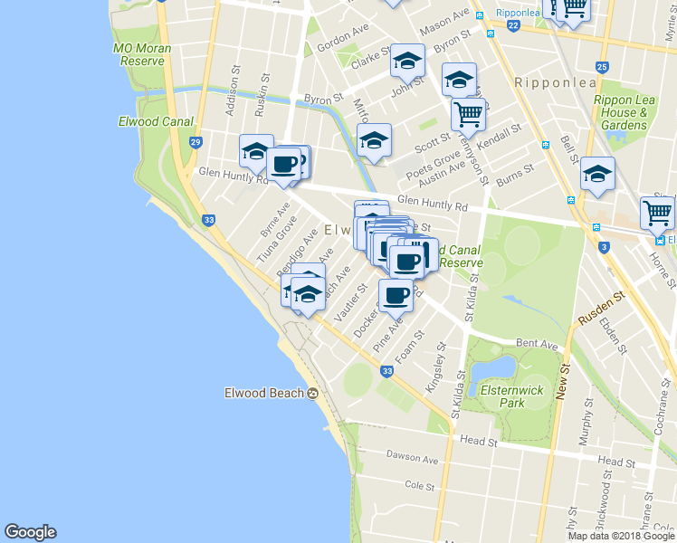 map of restaurants, bars, coffee shops, grocery stores, and more near 14 Beach Avenue in Elwood