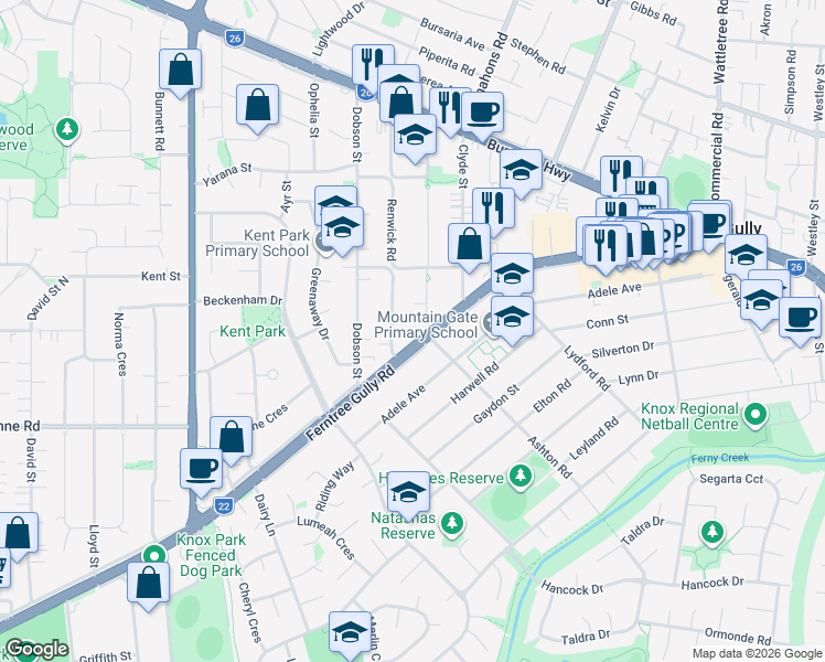 map of restaurants, bars, coffee shops, grocery stores, and more near 1781 Ferntree Gully Road in Ferntree Gully