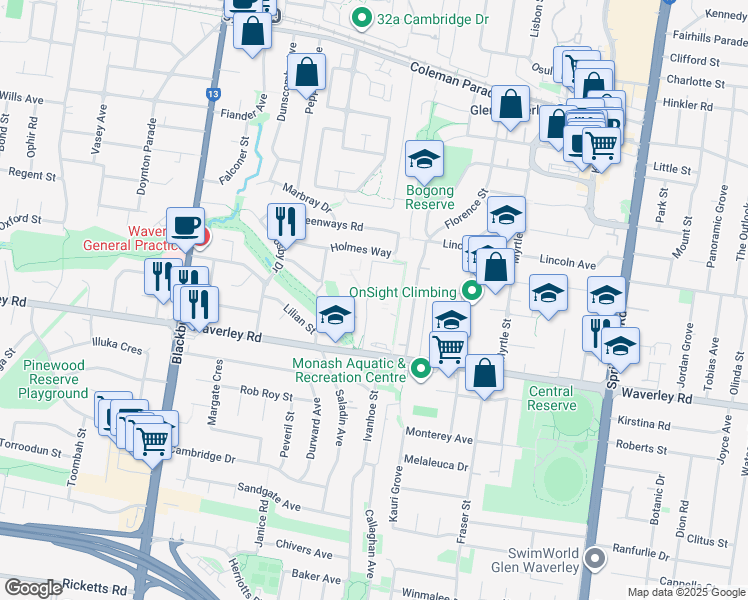 map of restaurants, bars, coffee shops, grocery stores, and more near 585 Waverley Road in Glen Waverley