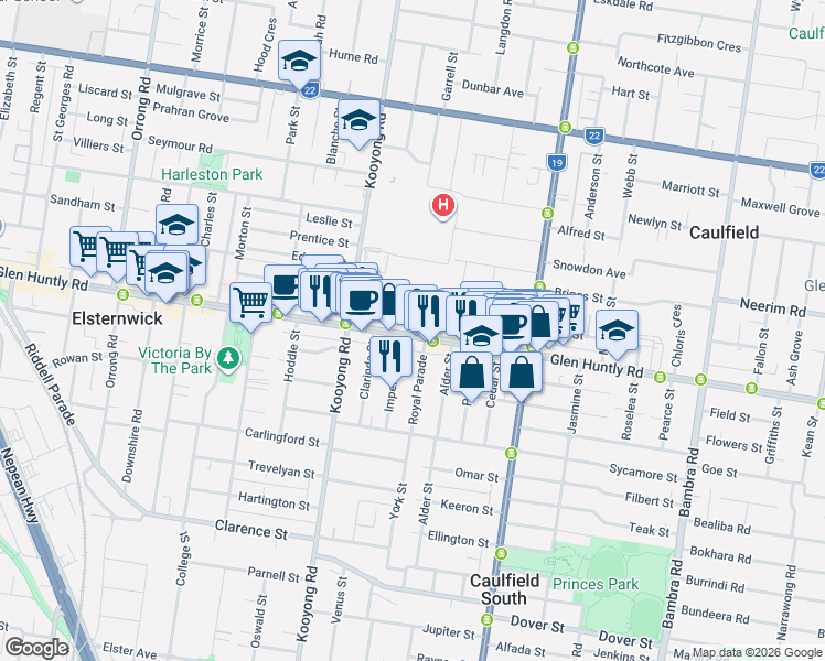 map of restaurants, bars, coffee shops, grocery stores, and more near 677 Glen Huntly Road in Caulfield