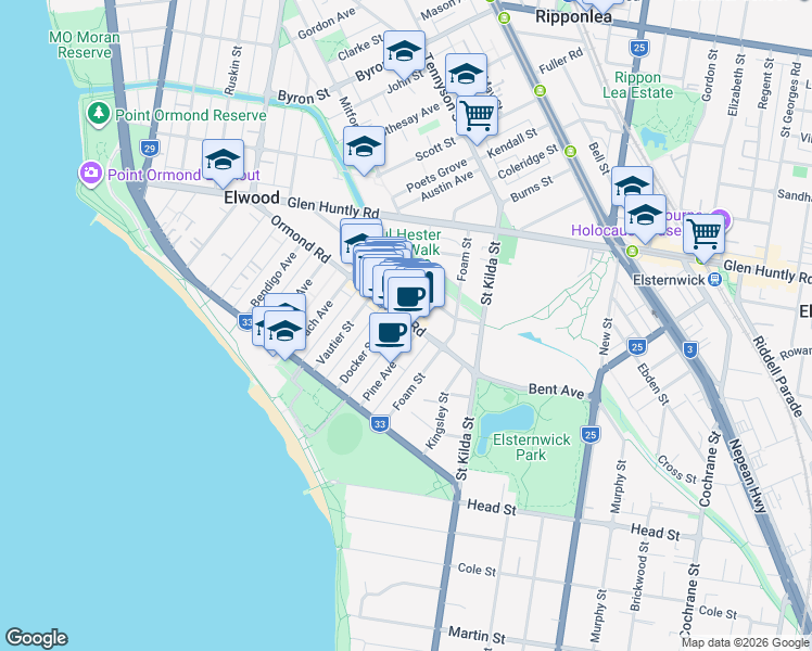 map of restaurants, bars, coffee shops, grocery stores, and more near 140 Ormond Road in Elwood