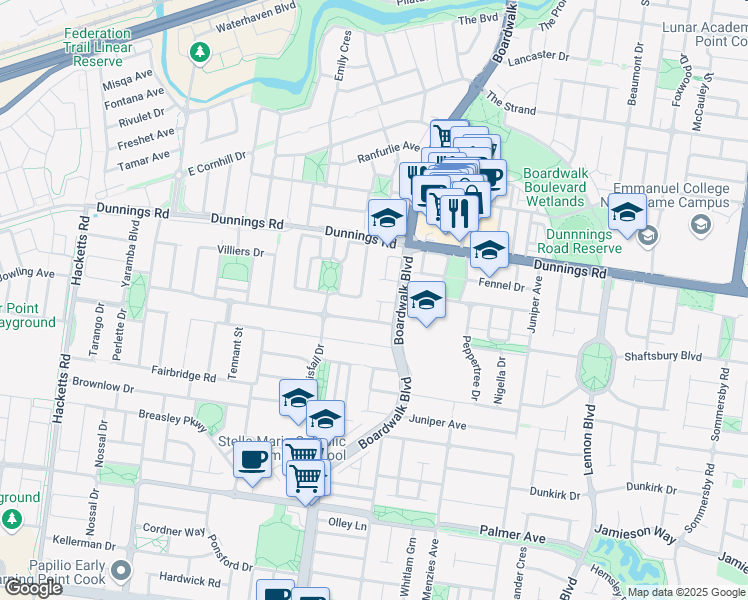 map of restaurants, bars, coffee shops, grocery stores, and more near 10 Verbena Drive in Point Cook