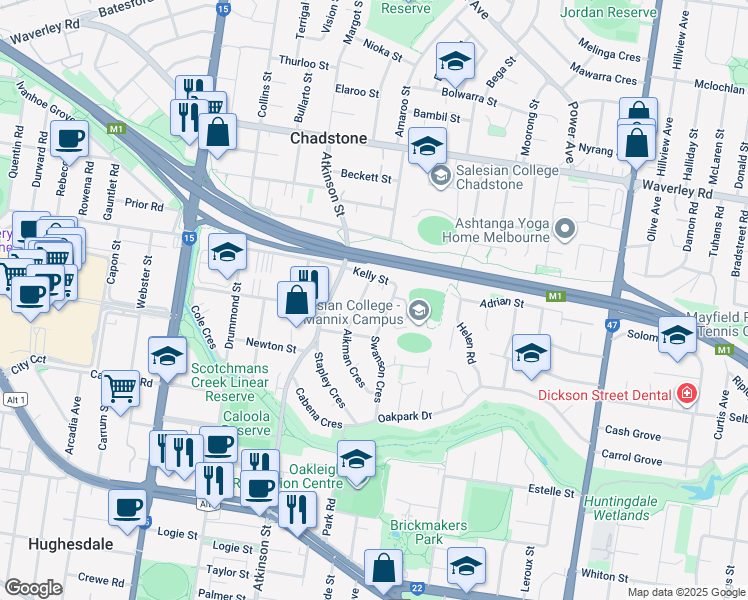 map of restaurants, bars, coffee shops, grocery stores, and more near 4 Aikman Crescent in Chadstone