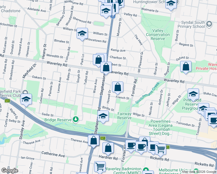 map of restaurants, bars, coffee shops, grocery stores, and more near 8 Wagstaff Street in Mount Waverley