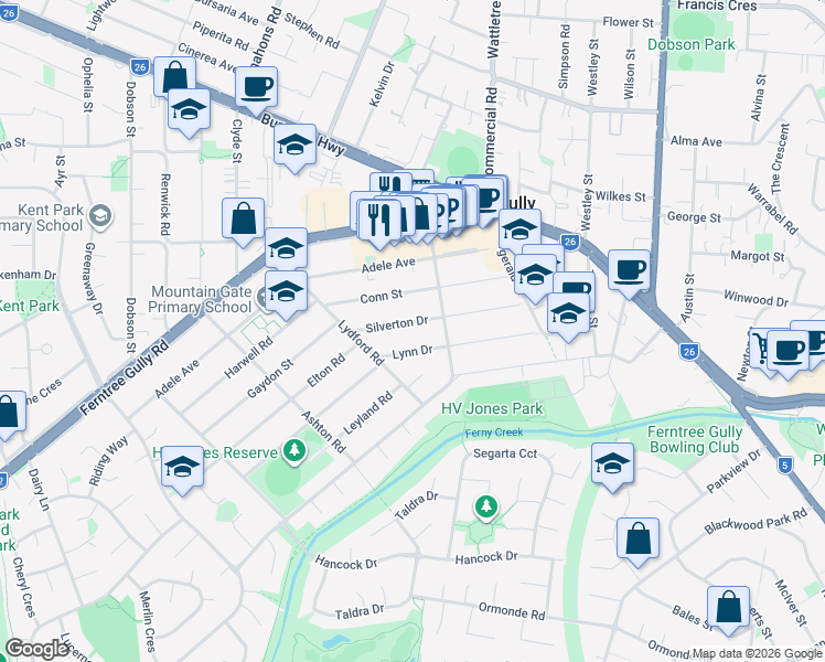 map of restaurants, bars, coffee shops, grocery stores, and more near 39 Silverton Drive in Ferntree Gully