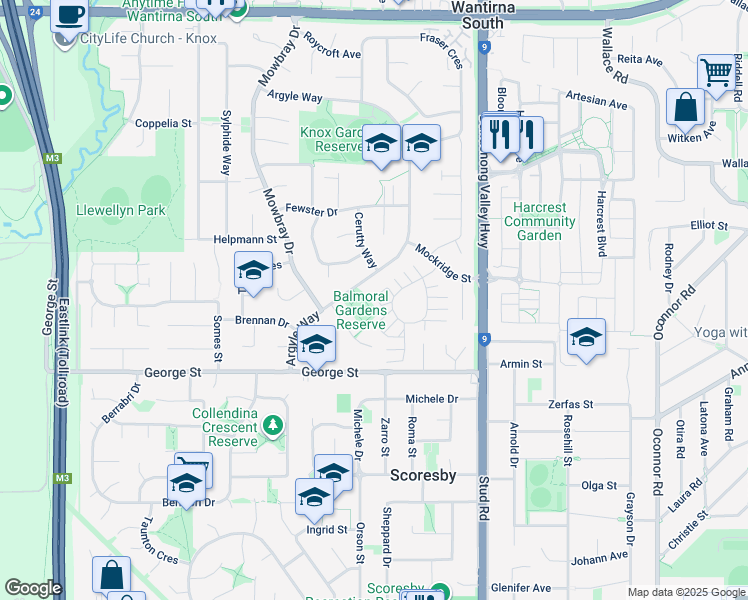 map of restaurants, bars, coffee shops, grocery stores, and more near 35 Ridge Road in Wantirna South